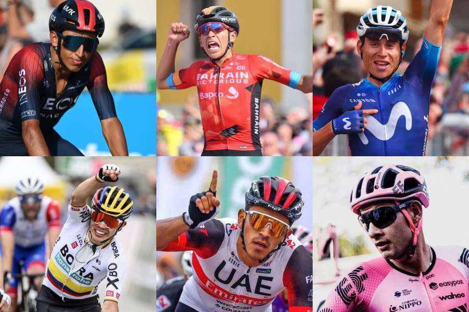 De arriba a abajo, empezando de izquierda a derecha, estos son los seis colombianos que correrán la Vuelta a España 2023: Egan Bernal, Santiago Buitrago, Einer Rubio, Sergio Higuita, Juan Sebastián Molano y Diego Camargo.