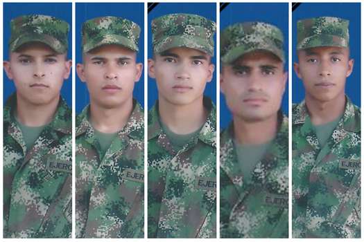 Las víctimas del ataque fueron identificadas como los soldados Jhonathan Pérez, Gabriel Pérez Caro, Laurentino Peña, Jeisson Peña Roco y Egdy Fernando Pérez. /Ejército. 