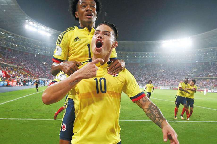 James Rodriguez celebra un gol con la selección de Colombia.
