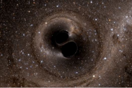 La colisión de dos agujeros negros hace 1.300 millones de años (como se muestra en esta animación) produjo ondas gravitacionales que fueron detectadas por primera vez por los investigadores en el Observatorio de Ondas Gravitatorias del Láser Interferométrico (LIGO).  / Caltech
