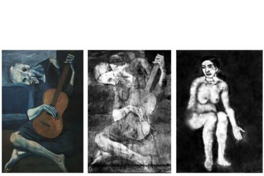 A la izquierda el cuadro original de El viejo guitarrista. En el medio una imagen de rayos X del cuadro. A la derecha una primera reconstrucción de La mujer perdida.  / Tomado del artículo Raiders of the Lost Art.