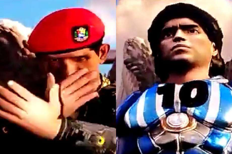 Fotogramas del video en el que aparecen Diego Armando Maradona y Hugo Chávez como superhéroes.