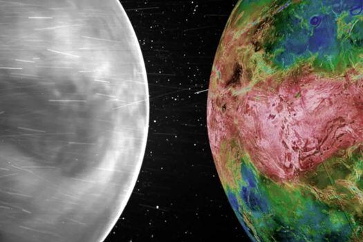 Una comparación lado a lado de la superficie de Venus vista por la sonda solar Parker (izquierda) y la misión Magallanes (derecha). Las características de la superficie en ambas imágenes coinciden.
