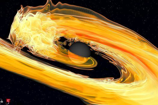 Ilustración de la fusión de un agujero negro y una estrella de neutrones.