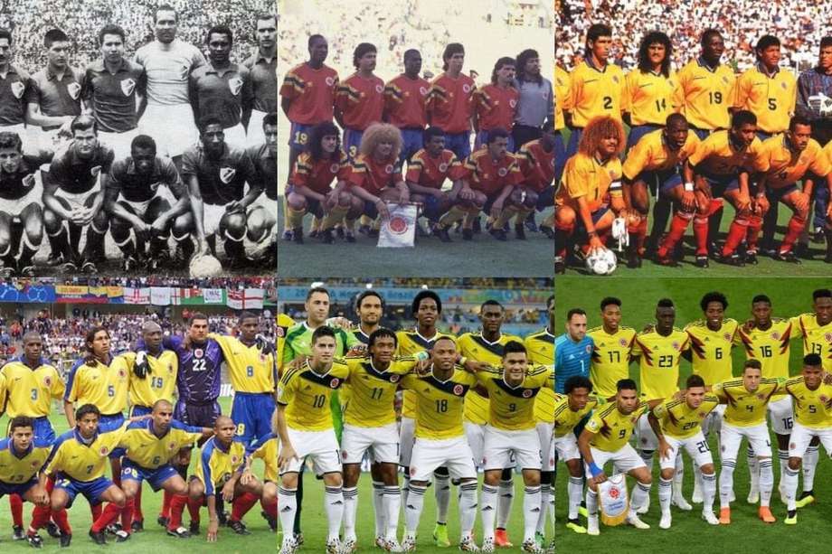 Las seis selecciones de Colombia en los mundiales; Chile 1962, Italia 1990, Estados Unidos 1994, Francia 1998, Brasil 2014 y Rusia 2018. // Archivo particular - El Espectador