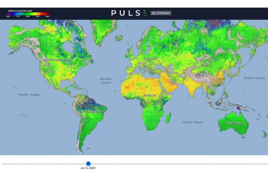 El mapa identifica la concentración de metano en la troposfera, donde las emisiones que ocurren naturalmente se mezclan con las causadas por la actividad humana.