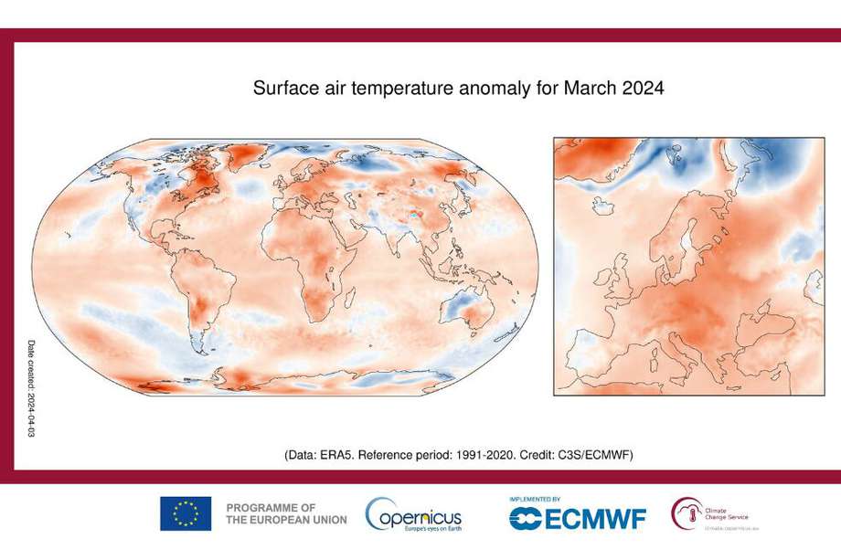 De acuerdo con los datos recopilados por el Copernicus, marzo de 2024 estuvo 0,10 °C por encima del máximo anterior, que se presentó en marzo de 2016.