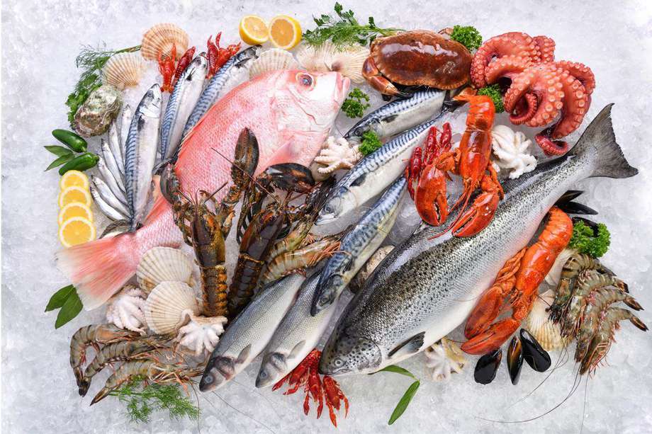 Pulpo, langosta, camarón y pescados. Productos de mar para consumo humano.