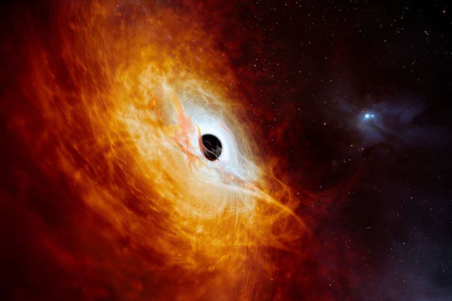 Esta reproducción artística muestra el cuásar J059-4351, el núcleo brillante de una galaxia distante alimentado por un agujero negro supermasivo. 
ESO/M. Kornmesser