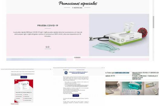 Imágenes de las promociones de pruebas rápidas para coronavirus que se ofertan en internet detectadas por Invima.  / Invima