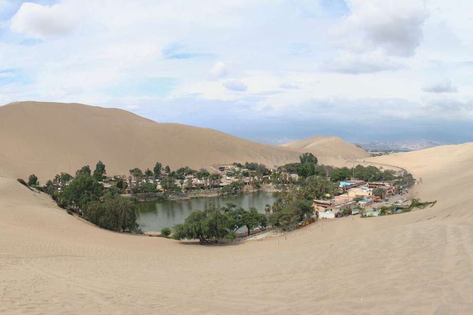 Imagen referencia - Oasis de Huacachina en Perú.
Los oasis ocupan el 1,35 % de la superficie terrestre del mundo. Además, sustentan al 10% de la población mundial.
