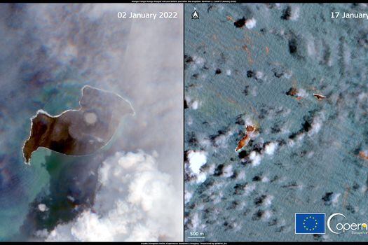 La nueva forma del volcán se puede ver al comparar las imágenes de Copernicus Sentinel-2 adquiridas el 2 de enero de 2022 (antes del evento) y el 17 de enero de 2022 (después del evento).