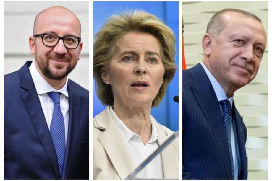 Los protagonistas del "sofagate": Charles Michel, presidente del Consejo Europeo; Ursula von der Leyen, presidenta de la Comisión Europea y  Recep Tayip Erdogan, presidente de Turquía.