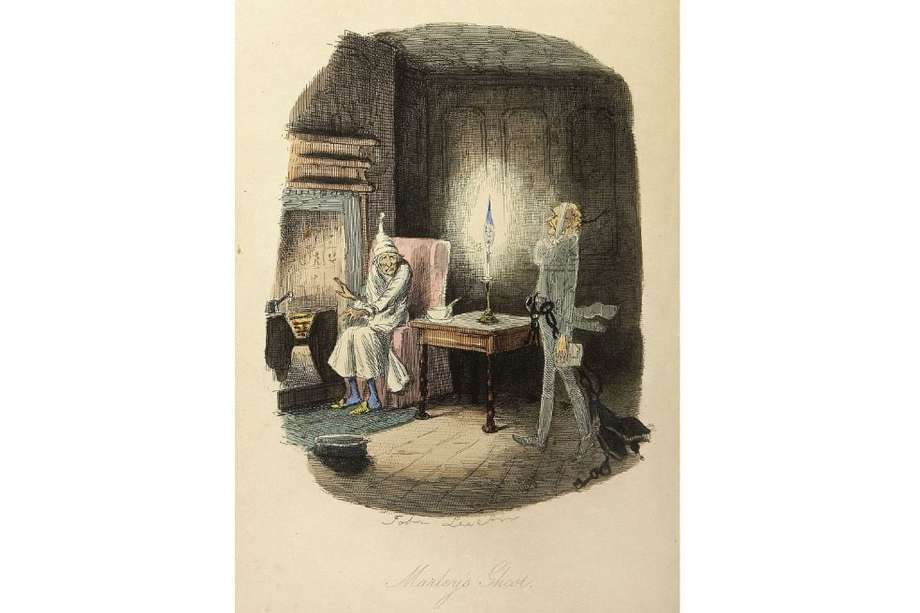 Scrooge y el fantasma de Jacob Marley. Ilustración de la edición original de 1843 de “Cuento de navidad”.