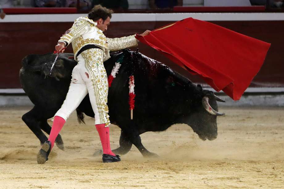 El torero español Antonio Ferrera lidia al toro Cohete de la ganadería de Salento durante la Feria de Cali. EFE/ Ernesto Guzmán
