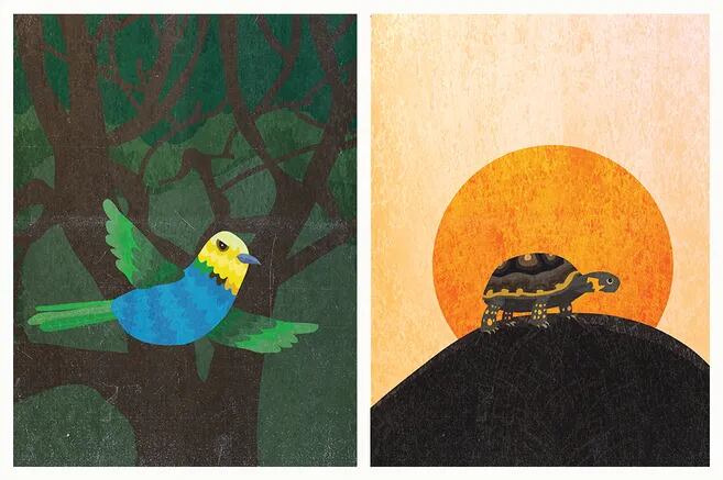 Estas son dos de las portadas de las fábulas de ¡De Otra Manera! ilustadas por Nicolas Chirokoff. Derecha: "Una tierra añorada". Izquiera "Un solo canto".