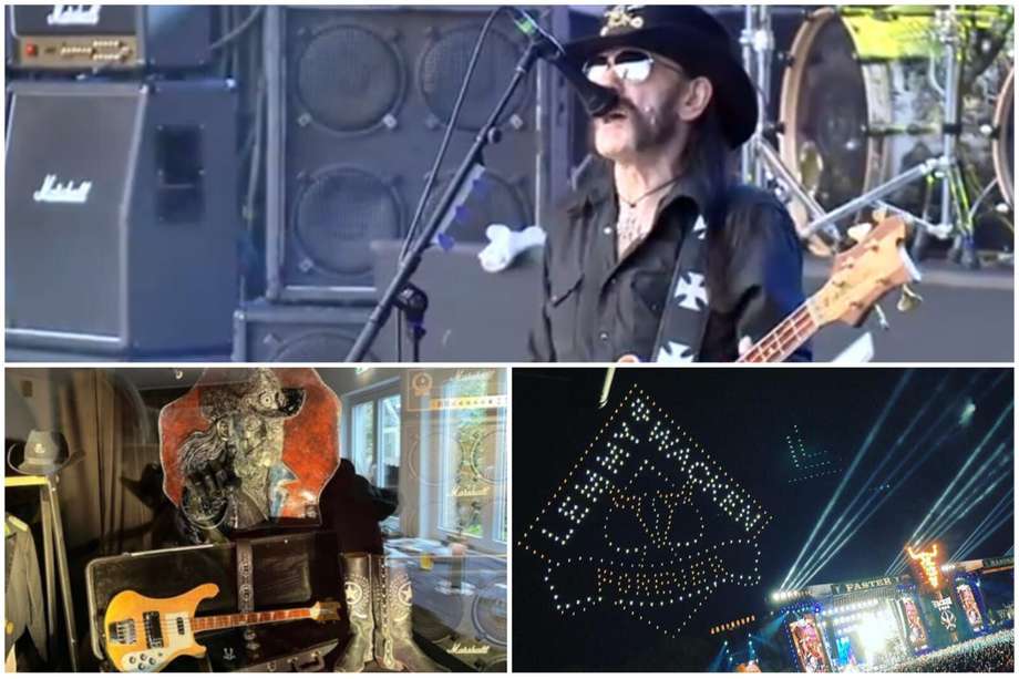 Arriba, Lemmy cantando la canción himno de Motörhead, Ace of Spade, en el festival Wacken 2015. Abajo, a la izquierda, está un busto de Lemmy, su icónico bajo y sus botas. A la derecha, drones que forman el nombre de Lemmy en el homenaje que se hizo en el festival Wacken 2023.