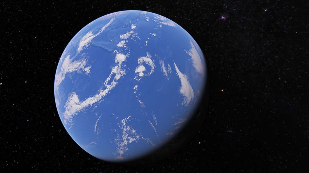 A satellite image shows the Earth as a “water planet”