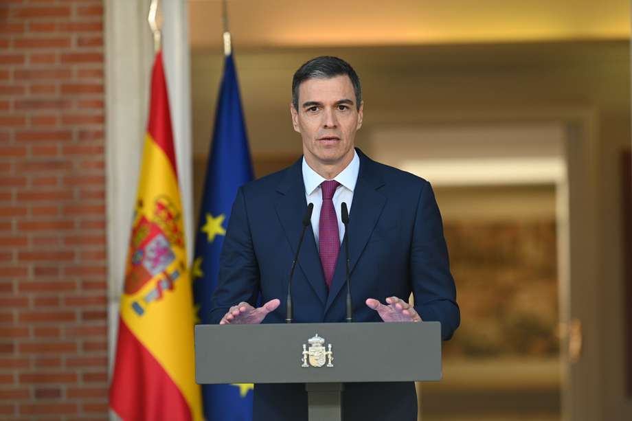 El presidente del Gobierno, Pedro Sánchez, durante su comparecencia institucional en La Moncloa.
