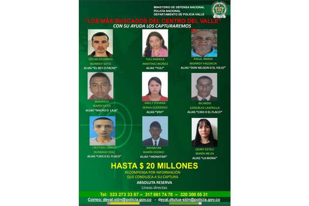 Policía publica cartel de los criminales más buscados en el Valle del Cauca