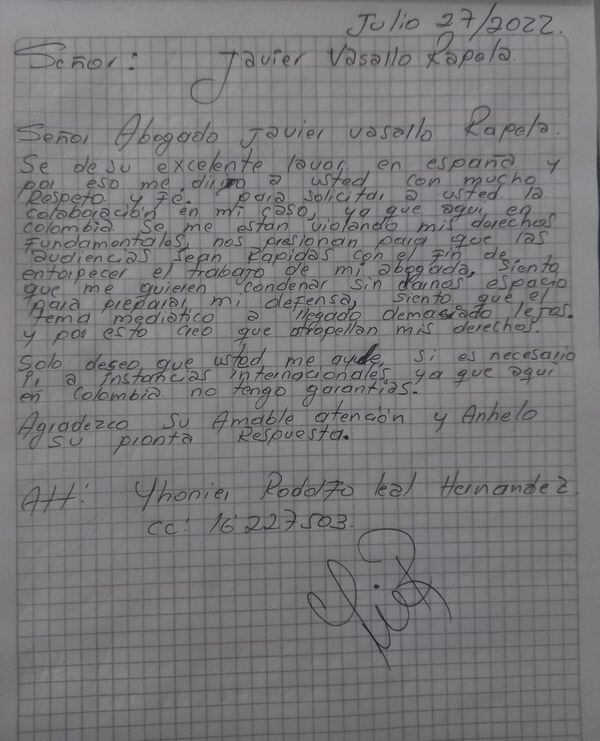 Esta fue la carta que Leal le envió al abogado Javier Vasallo para solicitar su apoyo en el proceso. Cortesía