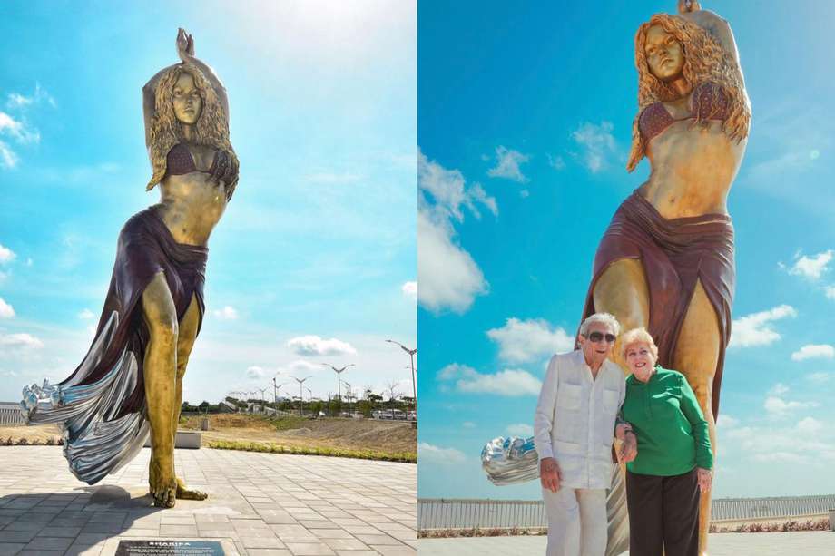 La escultura en homenaje a Shakira, ubicada en el Malecón del río Magdalena. Junto a ella, los padres de la artista William Mebarak y Nidia Ripoll.