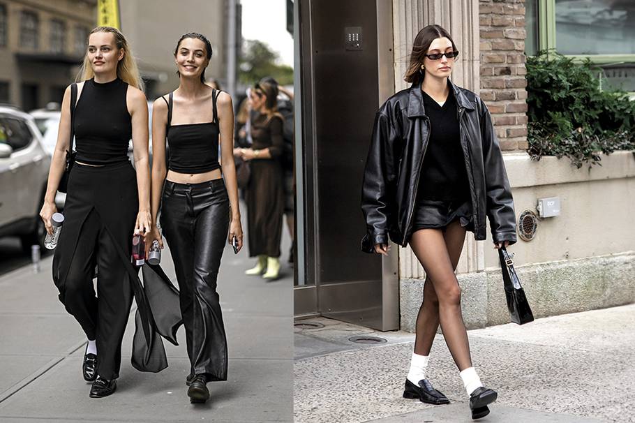 Cómo llevar la falda negra efecto piel con abertura como Gigi Hadid