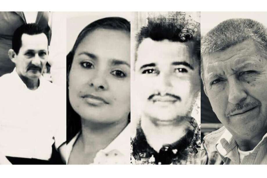 De izquierda a derecha: Fernando Quintero, asesinado en Convención (Norte de Santander); Gloria Ocampo, asesinada en Puerto Guzmán (Putumayo); Alejandro Carvajal, asesinado en Sardinata (Norte de Santander); y Marco Rivadeneira, asesinado en Puerto Asís (Putumayo).