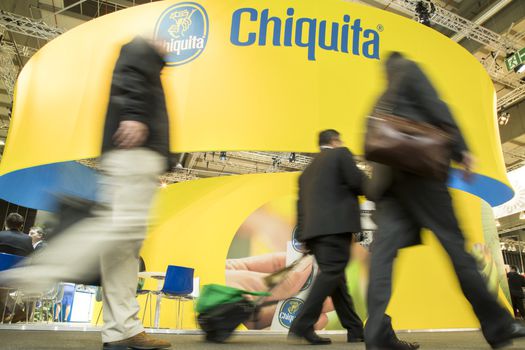 Visitors walks by the Chiquita stand during the opening day of the 'Fruit Logistica' trade fair in Berlin, Germany on February 8, 2017. The fair is dedicated to products, new technologies and services in the international fruit and vegetable business and will run until February 10, 2017. (Composition of more pictures) (Photo by Emmanuele Contini/NurPhoto)