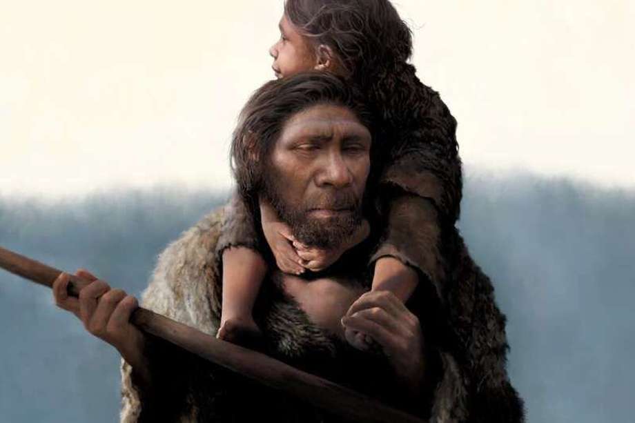 Representación de un artista de un padre y una hija neandertales.