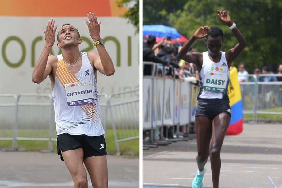El marroquí Omar Ait Chitachen y la keniata Daisy Kimeli, los ganadores de la Media Maratón de Bogotá 2023.
