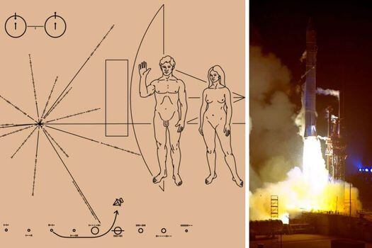 La nave Pioneer X es una de las cuatro misiones lanzadas por la Nasa en la década de los 70. Esta sonda lleva consigo una placa (imagen izquierda) con un mensaje simbólico, una especie de "mensaje en una botella" interestelar para extraterrestres.  / Wikipedia