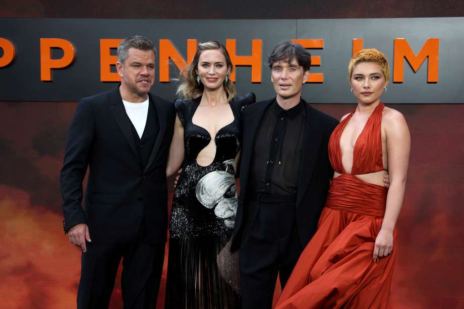 London (United Kingdom), 13/07/2023.- (L-R) Cast members Matt Damon, Emily Blunt, Cillian Murphy, and Florence Pugh attend the UK premiere of Oppenheimer in central London, Britain, 13 May 2023. The film will be released in British cinemas on the 21 July 2023. (Cine, Reino Unido, Florencia, Londres) EFE/EPA/ANDY RAIN
