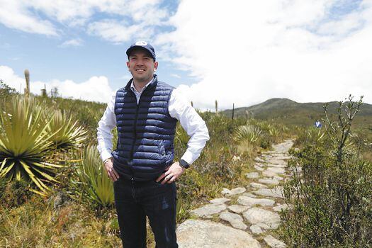 Virginijus Sinkevičius, EU Commissioner for Environment, Oceans and Fisheries, poses for a photo during his visit to the moorland El Verjón páramo in Bogotá on April 26, 2022.
