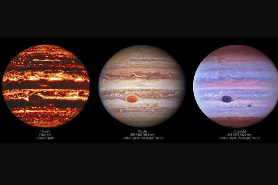 Imágenes de Júpiter desde el telescopio terrestre Gemini North y el espacial Hubble muestran el planeta gigante en longitudes de onda de luz infrarroja, visible y ultravioleta.