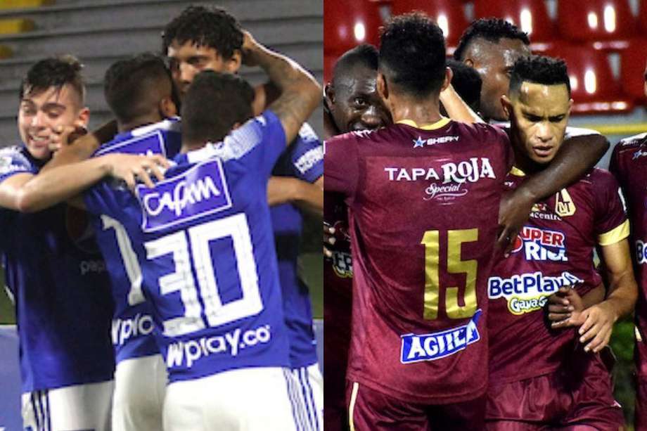 Millonarios y Tolima celebrando sus respectivos goles en la ida de la final.