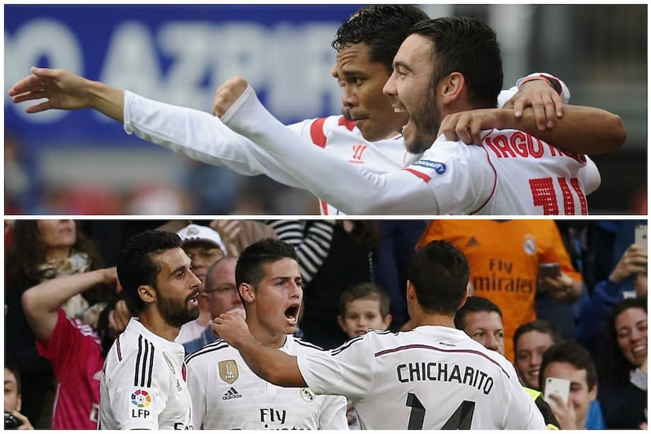 James Rodríguez (centro) celebra junto a sus compañeros el tanto que abrió el triunfo 3-0 sobre el Almería en el Bernabéu. / EFE