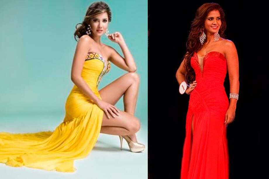 Daniela Álvarez, Señorita Colombia, y Layla Martínez, Señora Universo, con el vestido de Amalín de Hazbún.