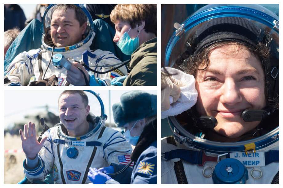 Estos son los tres astronautas que regresaron el viernes 17 de abril a la Tierra. / ISS