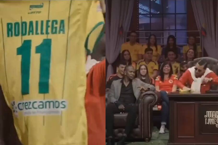 Alejandro Riaño, en su papel de Juanpis González, usando la camiseta del Atlético Bucaramanga para limpiar su escritorio.