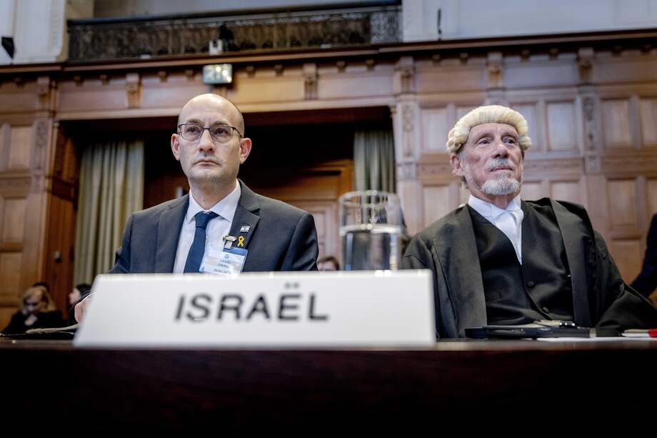 Gilad Noam, Deputy Attorney-General for International Affairs, and lawyer Malcolm Shaw during a ruling by the International Court of Justice (ICJ) in The Hague, The Netherlands, on a request by South Africa for emergency measures for Gaza, 26 January 2024.