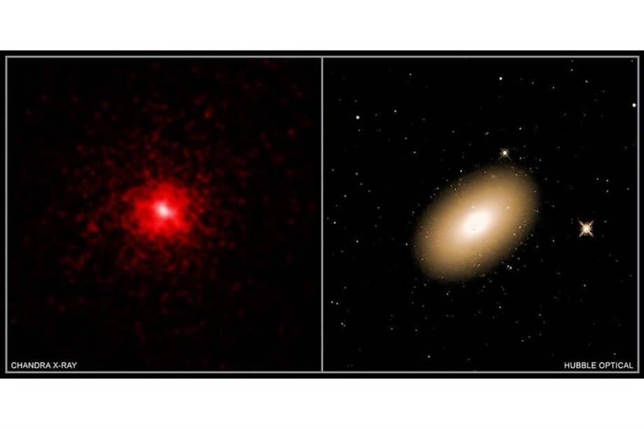 Mrk 1216 pertenece a una familia de galaxias con forma elíptica que están más densamente llenas de estrellas en sus centros que la mayoría de las demás galaxias. / CHANDRA X RAY/HUBBLE