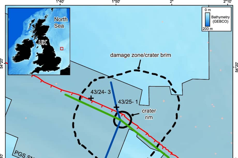 Mapa que muestra la locación del cráter Silverpit y la zona donde generó en daño.