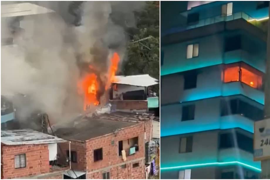 De izquierda a derecha: incendio en la Comuna 13 (San Javier), en el sector de Las Independencias; incendio en el Hotel Nutibara Express, ubicado en el centro de Medellín.