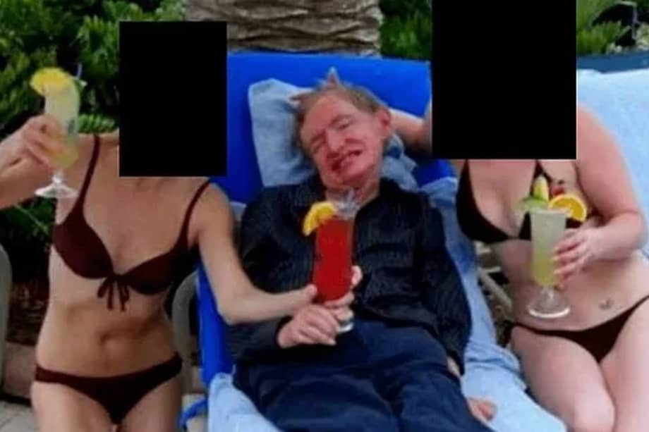 Foto del fallecido científico Stephen Hawking junto a dos mujeres en traje de baño, incluida en los archivos desclasificados de Jeffrey Epstein por el Departamento de Justicia de EE. UU.