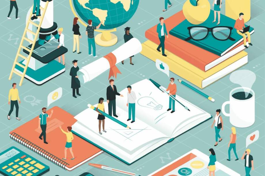 College and university students, researchers and professors studying together, school supplies and digital tablet: education and research concept