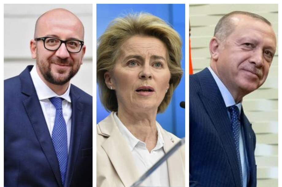 Los protagonistas del "sofagate": Charles Michel, presidente del Consejo Europeo; Ursula von der Leyen, presidenta de la Comisión Europea y Recep Tayip Erdogan, presidente de Turquía.