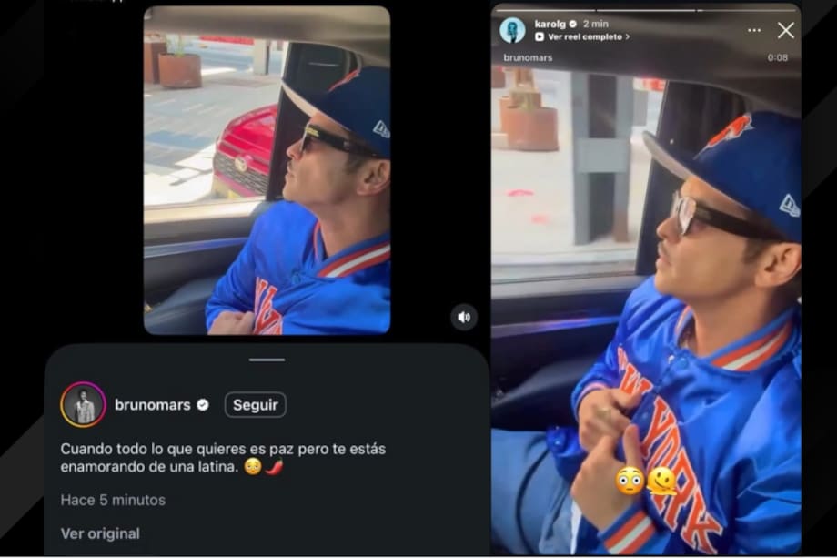 En sus historias de Instagram, Karol G reaccionó a la publicación de Bruno Mars con dos emojis: uno de una cara apenada y otro de una cara derritiéndose.