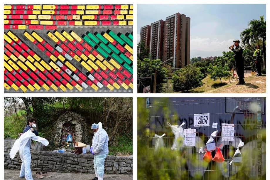 Un parqueadero de buses en Bogotá; policías vigilando la cuarentena en Medellín; un ruego a La Virgen en Francia y comida para gente sin techo en Alemania, algunas imágenes del día en la crisis del coronavirus. / EFE y AFP