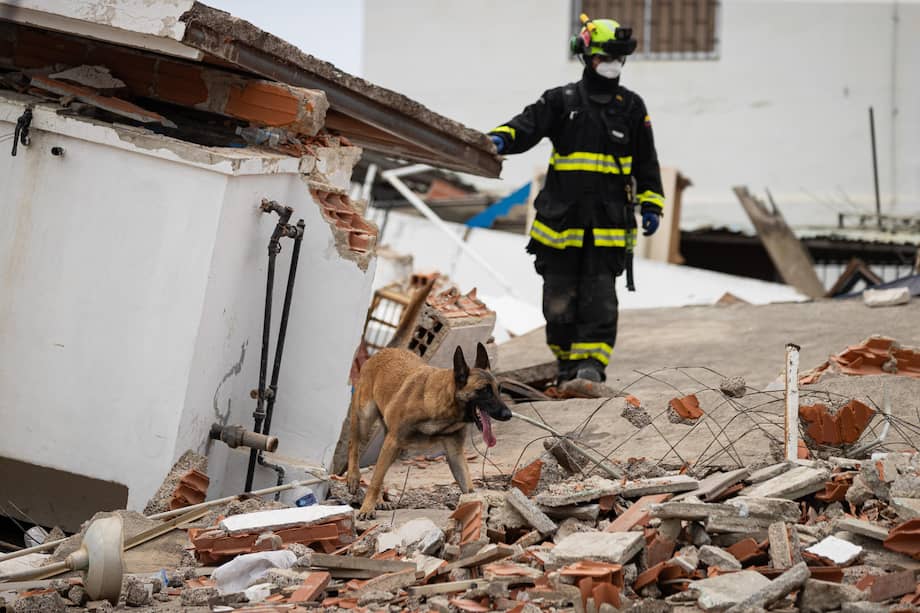 Un rescatista colombiano realiza labores de búsqueda de personas desaparecidas en una zona afectada por los terremotos, este domingo, en Catia La Mar (Venezuela).